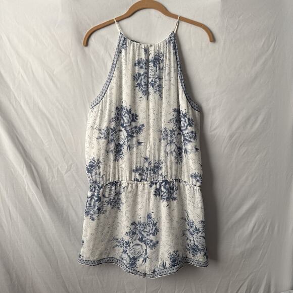 Joie Womens L Boho 100% Silk Blue Floral Sheer Lined Halter Romper Beach Cottage - Picture 2 of 12